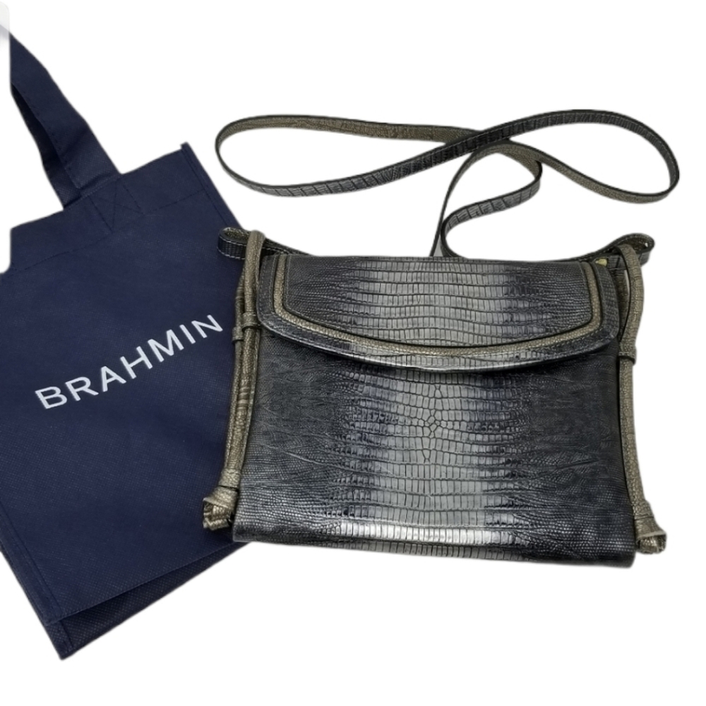 EUC Brahmin Pewter Crossbody Bag Embossed Leather Silver Tones